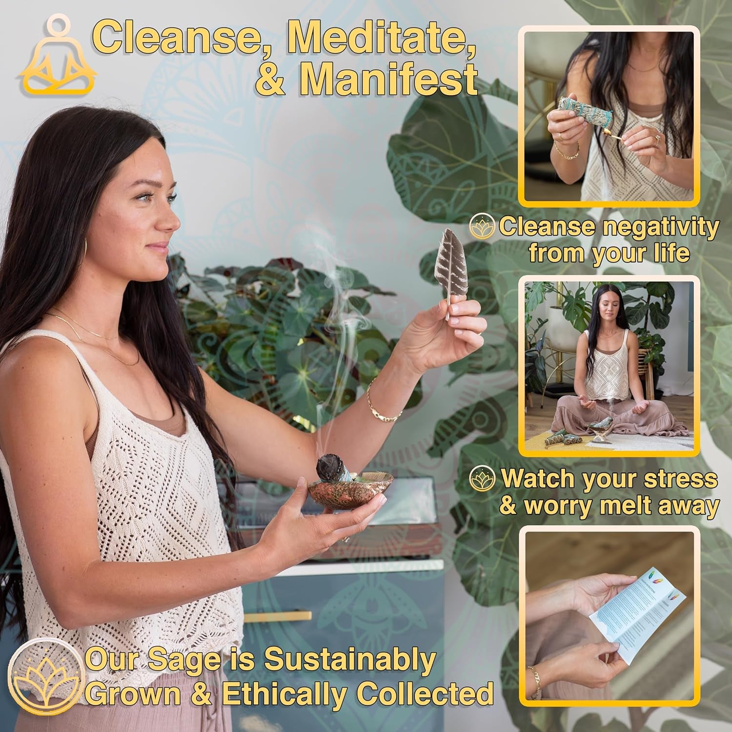 Sage Variety Smudge Kit - White Sage, Blue Sage, Cedar, Juniper, Yerba Santa, Palo Santo, Rosemary, Abalone Shell, Stand, Feather & Instructions | Smudging Kit, Sage Bundle, Smoke Cleanse